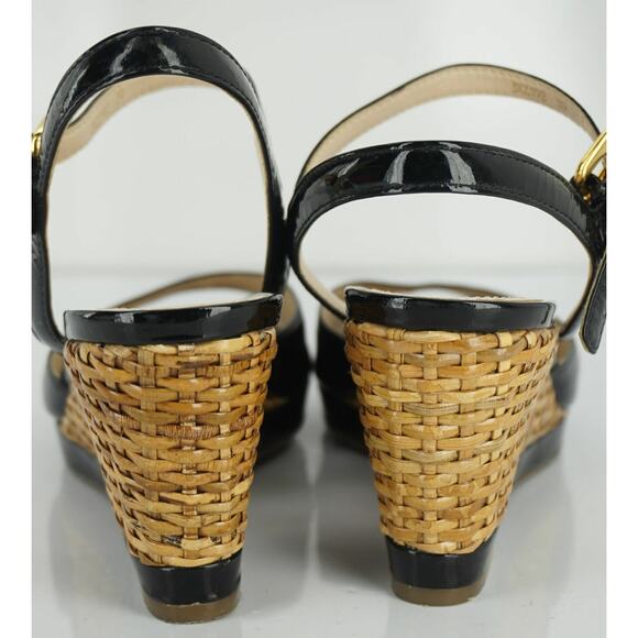 Prada Sport Black Patent Ankle Strap Woven Raffia Wedge Heel Sandals - Picture 4 of 12